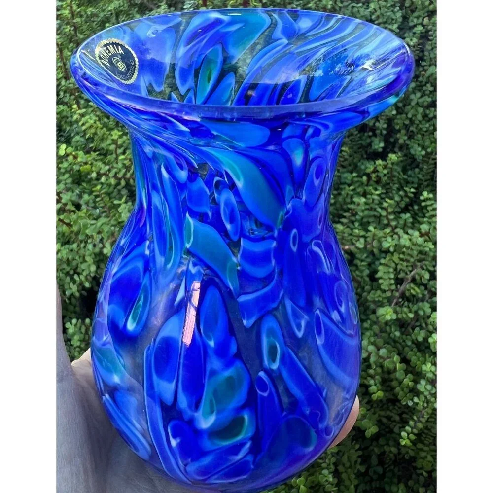 Bohemia Czech Republic Vase Blue & Green Swirl Blown Glass  6” READ Gift Art